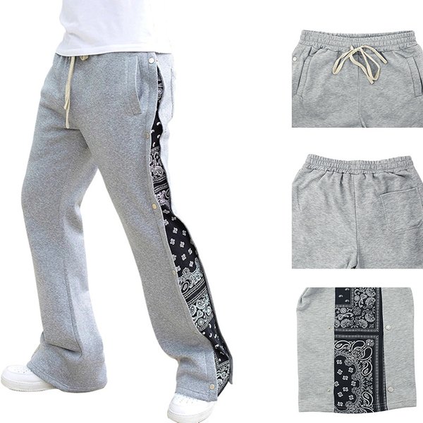 Man's Clothing High Street Double Line Hip Hop Breasted Sweatpants Men's Baggy West Coast Cashew Flower Wide Leg Pants-image