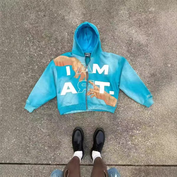 Men's Clothing Y2K Streetwear Zip-Up Hoodie – Unisex Oversized Pullover With Colorful Letter Print, Retro Hip-Hop Style