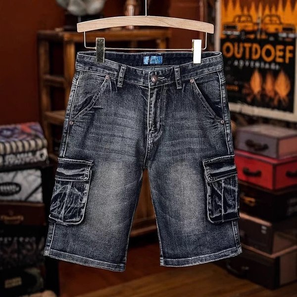 Men's Vintage Denim Cargo Shorts – Distressed Washed Workwear Style With Multi-Pockets (28-36, Black/Blue)