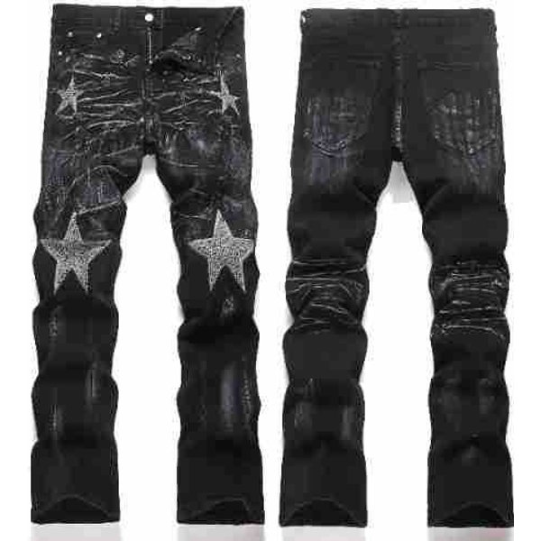Men's Trendy Stretch Slim Fit Jeans Black Rhinestone Flared Patchwork Youth Style Nicholas Tse 3972