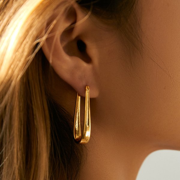 Copper Plated K Real Gold Minimalist Earrings Water Drop U Shaped Modified Slim Earrings Metal Texture Oval Fashion Earrings-image