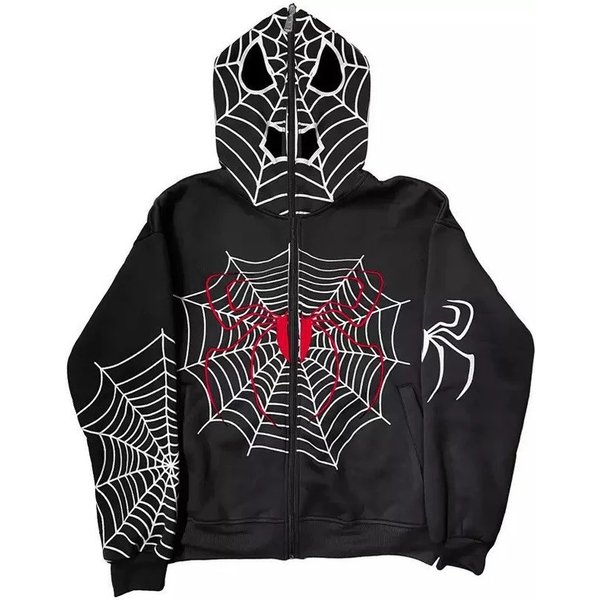 Gothic Spider Print Hoodie - Y2K Streetwear Pullover For Women, Oversized Zip-Up Sweatshirt, Soft Polyester Blend, Edgy Casual Fashion-image