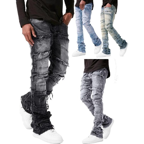 Men's Clothing New Men's Denim Straight Pants Street Fashion Ins Popular Stretch Patch Denim Straight Pants-image