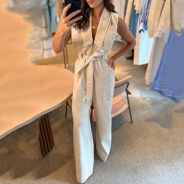 Women's New Summer Fashion Polo Collar Waist Solid Color Wide Leg Jumpsuit For Women-image