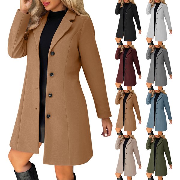 Elegant Long Wool Coat For Women - Slim Fit Notch Lapel Overcoat In Solid Colors (Grey, Black, Wine, Army Green, Khaki, Navy)