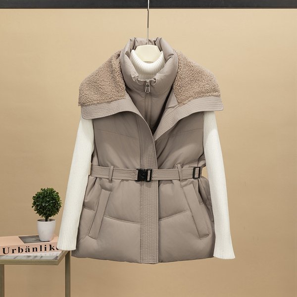 Women's Faux Shearling Collar Belted Vest Jacket - Winter Warm Fleece Lined Stand Collar Coat For Office & Casual Wear