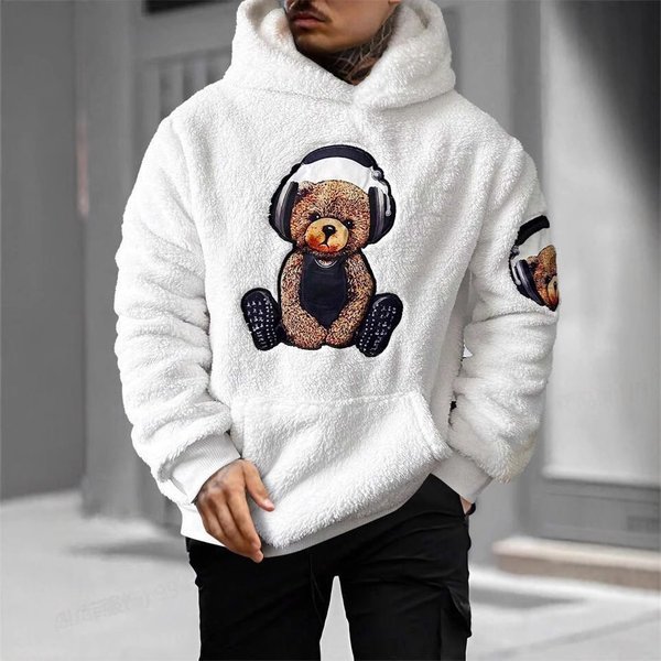 Men's Clothing Hooded Sweatshirt Bear Printed Furry Fashion Brand Jacket