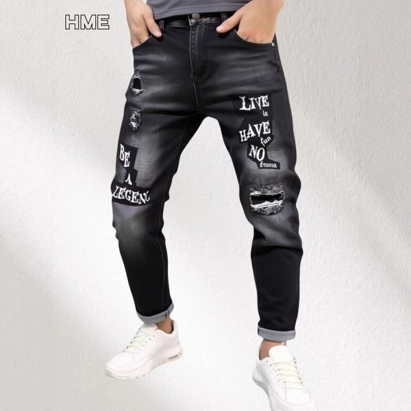 Men's Slim Fit Straight Leg Jeans Streetwear Brand Chrome Hearts Ripped Denim Trousers-image