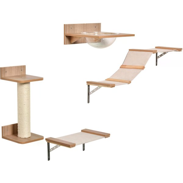 PawHut Wall-Mounted Cat Climbing Shelf Set, 4PCs with Hammock, Scratching Post, Jumping Platform, Activity Centre, Brown | Aosom Ireland