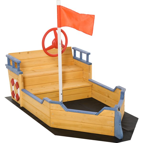 Outsunny Kids Wooden Sandpit Children Sandbox Pirate Ship Sandboat Outdoor Backyard Playset Play Station w/ Bench Bottom Liner | Aosom Ireland
