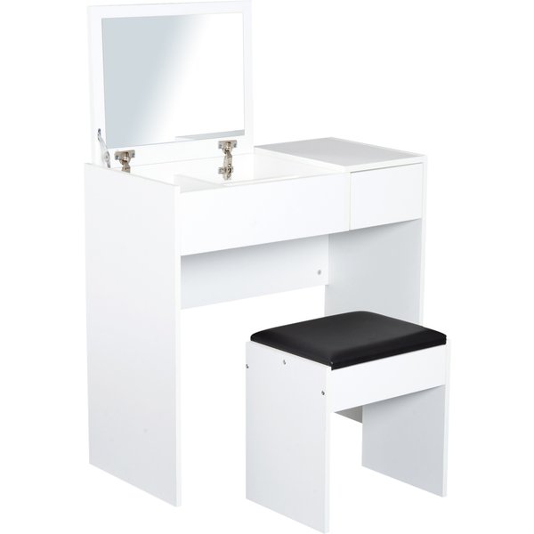 Homcom Coiffeuse Table De Maquillage Design Contemporain 80L X 40L X 79H Cm Miroir Escamotable Tiroir Coffre + Tabouret Noir-image