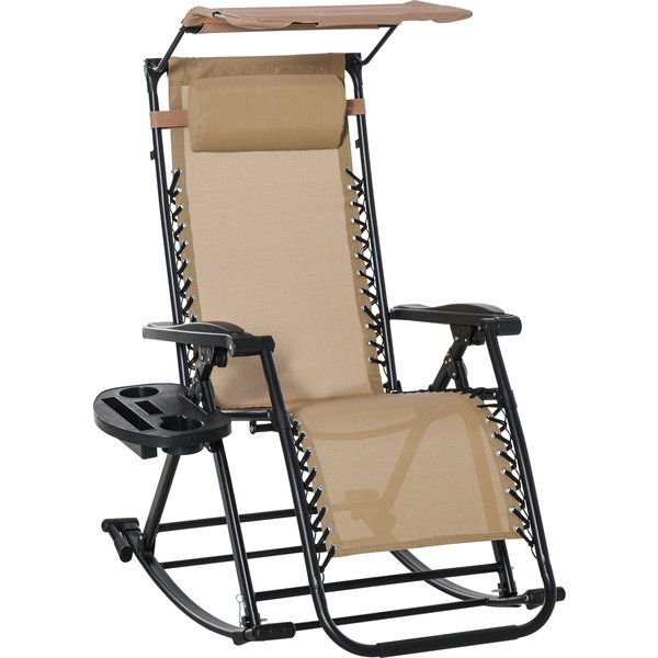 Outsunny Garden Rocking Chair Folding Recliner Outdoor Adjustable Sun Lounger Rocker Zero-Gravity Seat w/ Headrest Side Holder Patio, Beige | Aosom Ireland