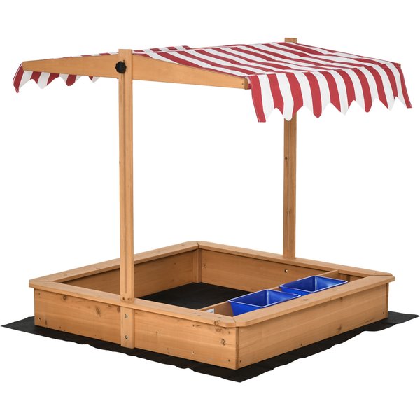 Outsunny Kids Wooden Sandbox, Children Sand Play Station Outdoor with Adjustable Height Cover, Bottom Liner, Seat, Plastic Basins, Aged 3-7 Years Old | Aosom Ireland