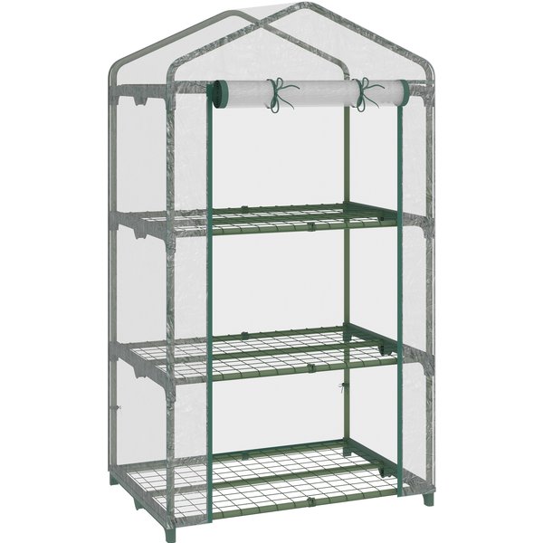 Outsunny Poly Tunnel, 3 Tier Mini Greenhouse Portable Garden House w/ Roll Up Door and Wire Shelves, 69L x 49W x 125H cm, Clear | Aosom Ireland