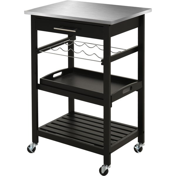 HOMCOM Pine 3-Tier Kitchen Cart Multifunction Rolling w/ Open Shelves Kitchen Island w/ Stainless Steel Top | Aosom Ireland