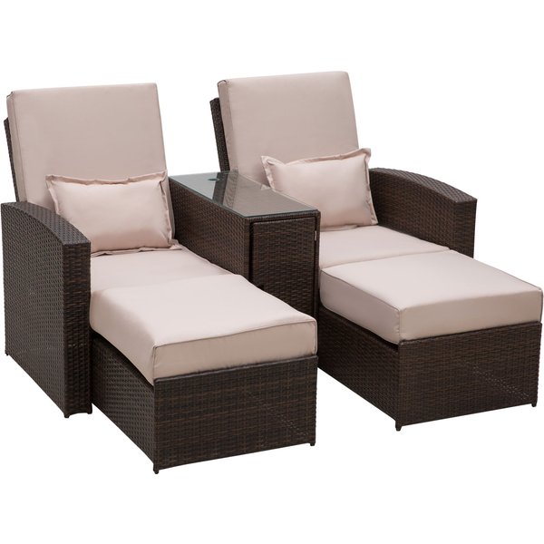 Outsunny Outdoor Garden Rattan Companion Sofa Chair & Stool Lounger Recliner Love Sunbed Daybed Patio Wicker Weave Furniture Set Brown Aosom UK