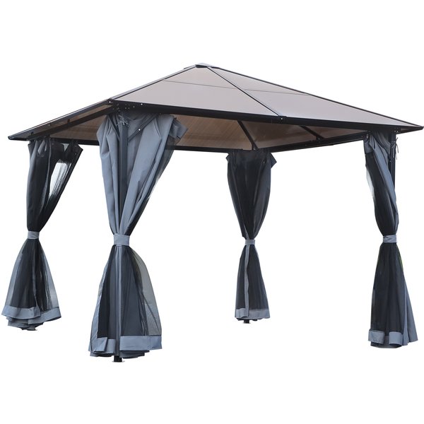Outsunny Tonnelle De Jardin Avec Toit Rigide Polycarbonate Et Rideaux Moustiquaires 3 X 3 M Gris Foncé Et Noir-image