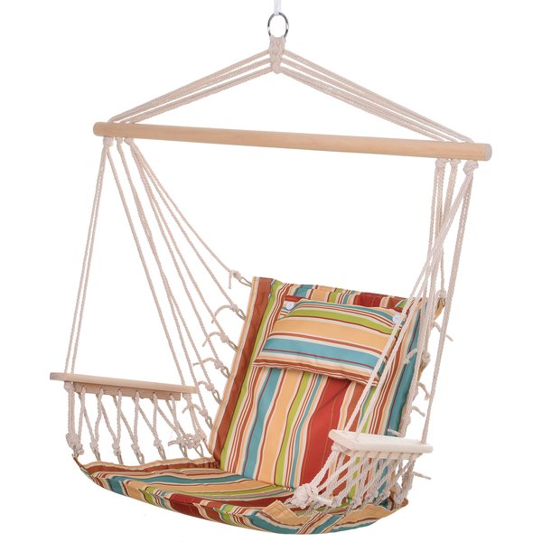 Outsunny Hanging Hammock Chair, Outdoor Garden Rope Swing with Wooden Arms, Detachable Pillow, Wide Safe Seat, Bright Floral | Aosom Ireland