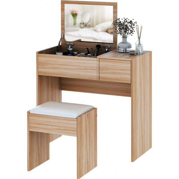 HOMCOM Dressing Table Set with Cushioned Stool, Flip-up Mirror, and Drawer in Wood Grain Finish | Aosom Ireland