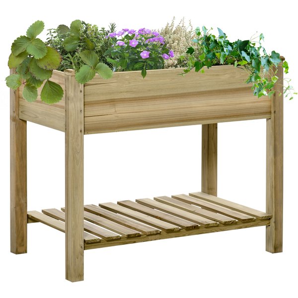 Outsunny Garden Wooden Planters, Raised Garden Bed w/ Legs & Storage Shelf, Gardening Standing Growing Bed Flower Boxes for Backyard Aosom UK