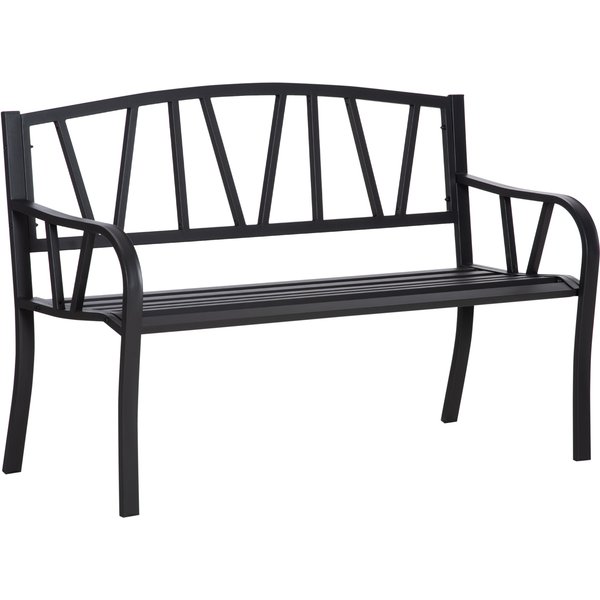 Outsunny 2 Seater Metal Garden Bench, Outdoor Patio Loveseat Chair with Decorative Backrest, Armrests, Weather Resistant Steel, Black Aosom UK