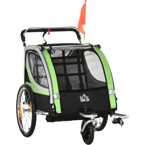 HOMCOM Child Bike Trailer 2 In 1 Baby Stroller 2-Seater Transport Carrier with Hitch Coupler, 5 Point Harness, Storage Bag, Reflector | Aosom Ireland