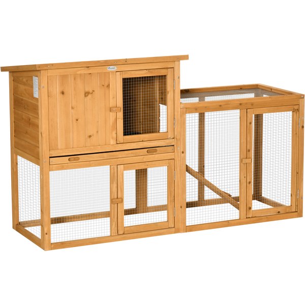 PawHut Small Animal Hutch with Run, Removable Bottom Tray, Weatherproof, 141 cm x 60 cm x 86 cm, Brown | Aosom Ireland