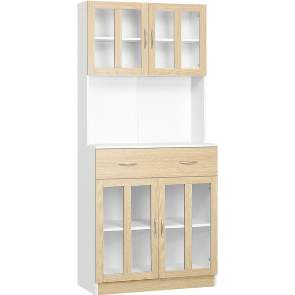 HOMCOM 180cm Kitchen Cabinet, Freestanding Cupboard with Central Drawer, 2 Glass Door Cabinets and Countertop, White | Aosom Ireland