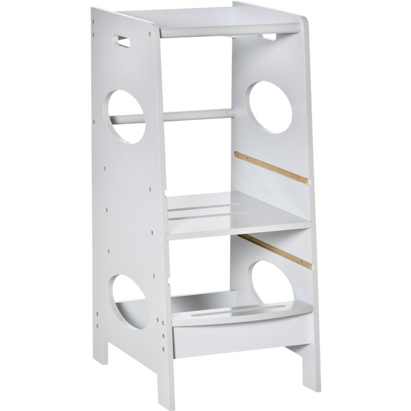 HOMCOM Kids Step Stool with Adjustable Standing Platform & Safety Rail, Learning Tower for Kitchen, Grey | Aosom Ireland
