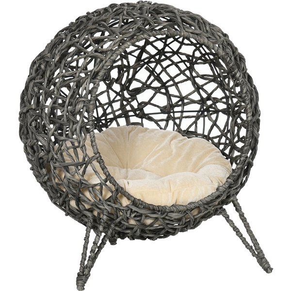 Pawhut Woven Rattan Elevated Cat Bed House Kitten Pussy Basket Ball Shaped Pet Furniture w/ Removable Cushion Natural 52 x 52 x 58 cm | Aosom Ireland