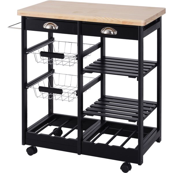 Homcom Chariot De Service Desserte De Cuisine à Roulettes Multi-Rangements 74L X 37L X 76H Cm Plateau Bois Massif Pin ChâSsis Mdf Noir-image