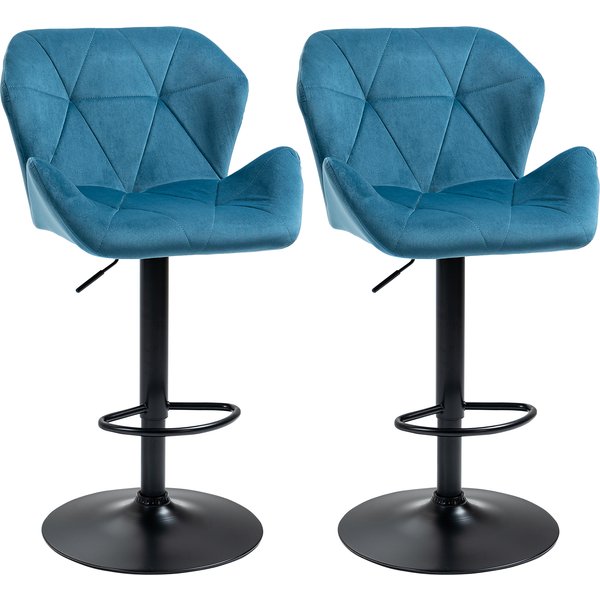 HOMCOM Bar Chair Set of 2, Velvet-Touch Bar Stools w/ Metal Frame Footrest Round Base, Adjustable Triangle Indenting Moulded Seat, Blue | Aosom Ireland