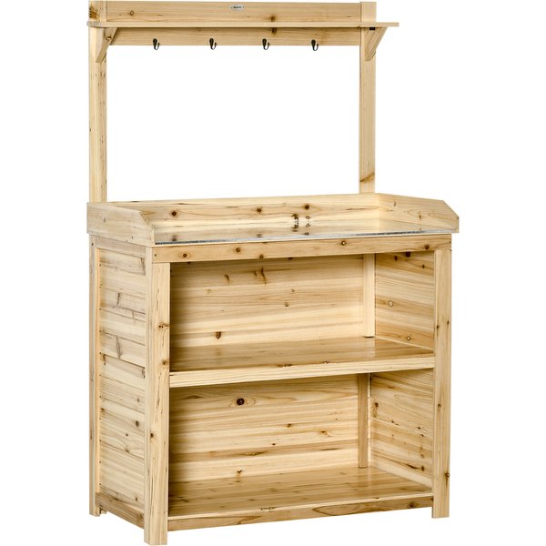 Outsunny Garden Potting Bench Table, Wooden Workstation Bench w/ Galvanized Metal Tabletop, Storage Shelves and Hooks, Natural
