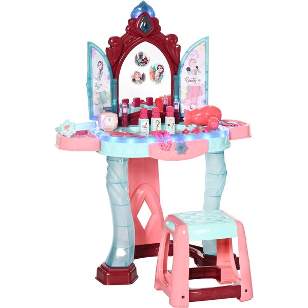 HOMCOM Children's Vanity Table Set Blue Pink with Lights and Stool for Pretend Play | Aosom Ireland