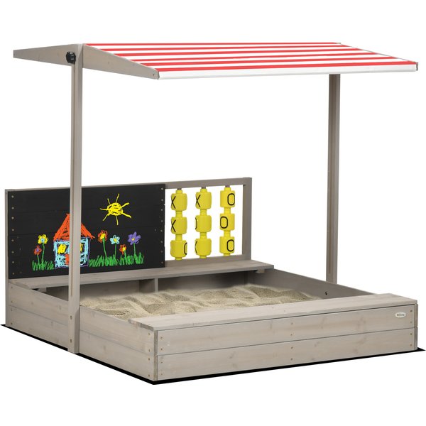 Outsunny Children's Wooden Sandpit with Protective Canopy and Seating, Outdoor Play Area, Grey | Aosom Ireland