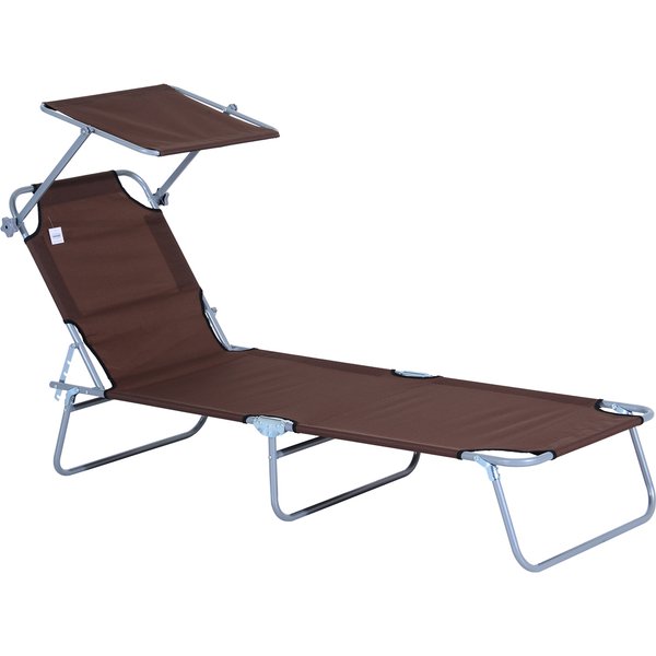 Outsunny Reclining Chair Folding Lounger Seat with Sun Shade Awning Beach Garden Outdoor Patio Recliner Adjustable (Brown) | Aosom Ireland