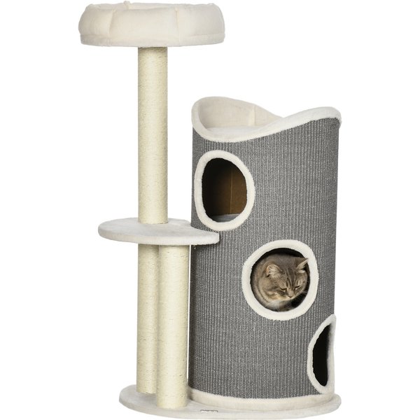 PawHut Cat Tree with Cat Bed and Scratching Barrel for Cats, 60 cm x 44.5 cm x 109 cm, Gray + Natural + White | Aosom Ireland