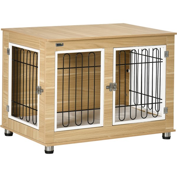 PawHut Dog Cage, Washable Cushion, Dog Box, 2 Locks, 90 cm x 58 cm x 65 cm, Natural + Black + White | Aosom Ireland