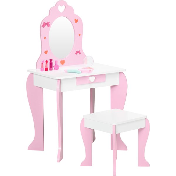 ZONEKIZ Pink Kids Vanity Set with Dressing Table, Mirror, Stool, Drawer, Cute Patterns, for 3-6 Years Old | Aosom Ireland