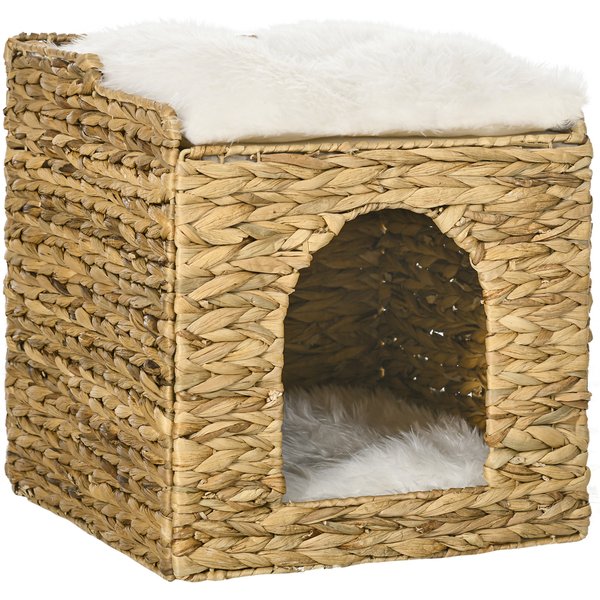 PawHut Cat Cave made of Water Hyacinth Grass, 2 Lounging Areas, 2 Washable Cushions, Natural + White | Aosom Ireland