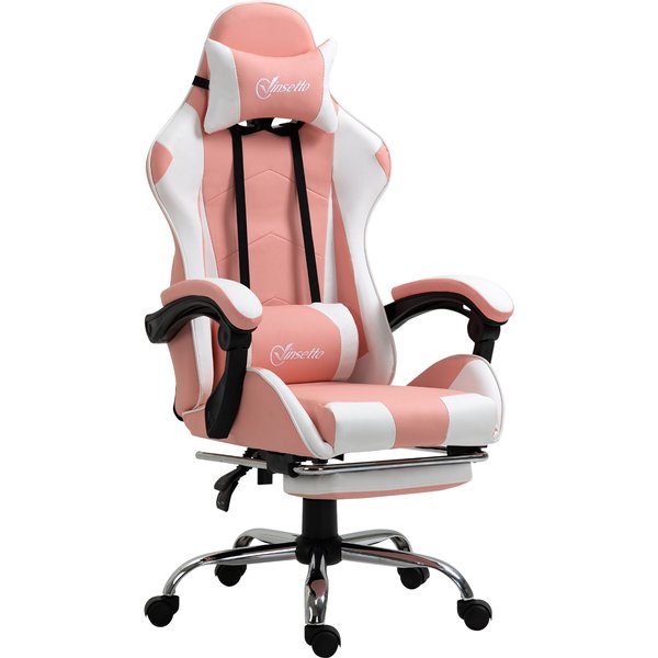 Vinsetto Gaming Chair Computer Chair Ergonomic Office Chair Gamer Chair with Headrest Lumbar Pillow Office Chair Height Adjustable 360° Swivel Foam PVC Faux Leather Pink+White 64 x 67 x 119-127 cm | Aosom Ireland