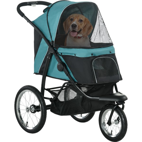 PawHut Pet Stroller Jogger for Medium, Small Dogs, Foldable Cat Pram Dog Pushchair w/ Adjustable Canopy, 3 Big Wheels - Dark Green | Aosom Ireland
