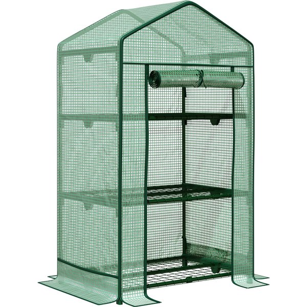Outsunny Mini Greenhouse Propagation Greenhouse with Film Cover and 3 Shelving Units Roll-Up Door Vegetable Garden Green 69 x 49 x 125 cm | Aosom Ireland
