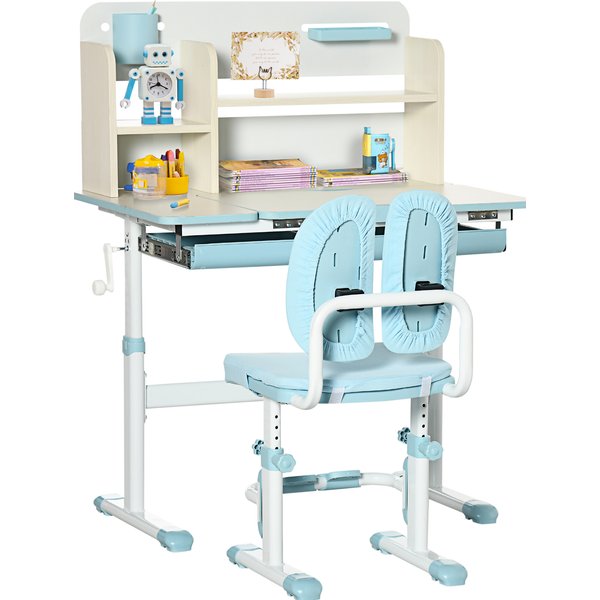 HOMCOM Kids Desk and Chair Set, Height Adjustable School Desk & Chair Set w/ Shelves, Washable Cover, Anti-Slip Mat, Kids Aged 3-12, Blue | Aosom Ireland