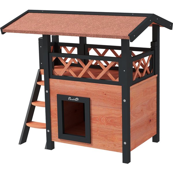 PawHut Cat House Outdoor w/ Balcony Stairs Roof, 77 x 50 x 73 cm, Brown | Aosom Ireland