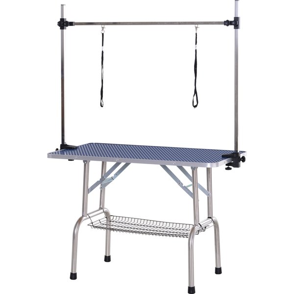 PawHut Adjustable Dog Grooming Table Rubber Top 2 Safety Slings Mesh Storage Basket Heavy Metal Blue 107 x 60 x 170cm | Aosom Ireland
