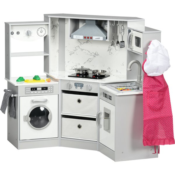 AIYAPLAY Toy Kitchen with Running Water, Lights Sounds, Apron and Chef Hat, Water Dispenser, for 3-6 Years Old - Grey | Aosom Ireland