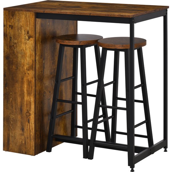 HOMCOM Industrial Bar Table and Stools for 2 people, 3-Pieces Bar Table Set with Storage Shelf for Kitchen, Brown | Aosom Ireland