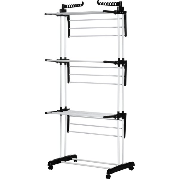 HOMCOM Laundry Drying Rack: Foldable 4-Tier Steel Clothes Airer with Castors, Indoor & Outdoor, Black | Aosom Ireland