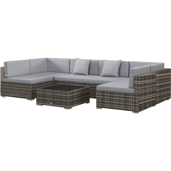 Outsunny 7 Pcs PE Rattan Garden Furniture Set w/ Thick Padded Cushion, Patio Corner Sofa Sets w/ Glass Coffee Table & Pillows, Mixed Grey | Aosom Ireland